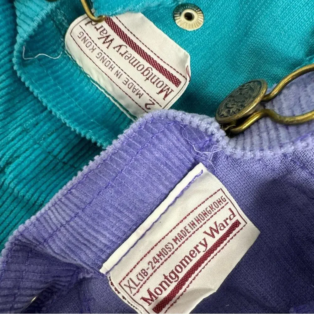 Vintage Corduroy Baby Overalls Montgomery Ward Two Pairs Lot 2T/XL Purple Teal